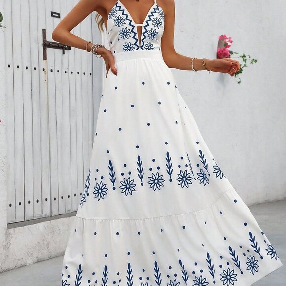 Multicolor Boho Women's Printed Cami Maxi Dress Hawaiian Style - Picture 3 of 6